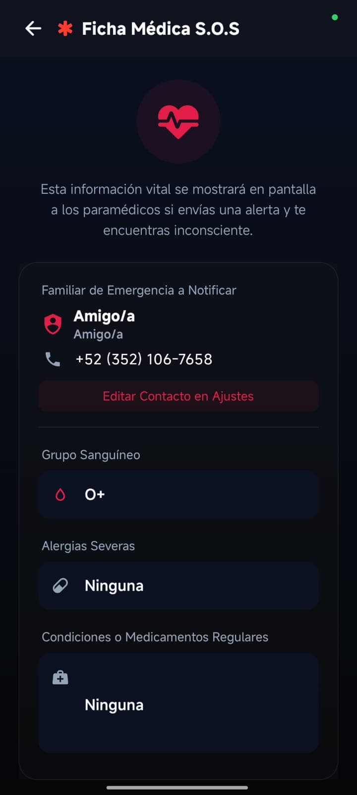 Ficha médica con tipo de sangre, alergias y contacto