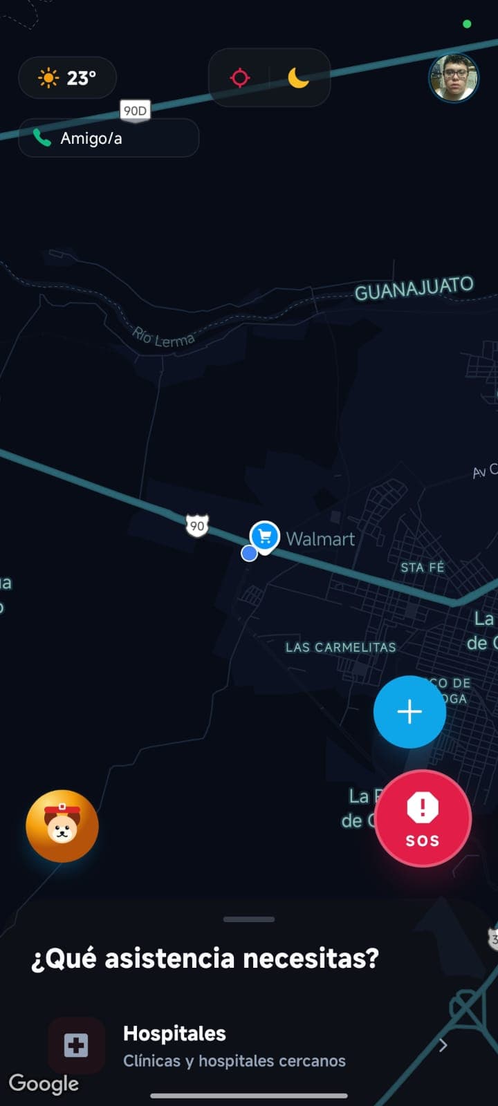 Pantalla principal de RescueNow con mapa, botón SOS y Rex