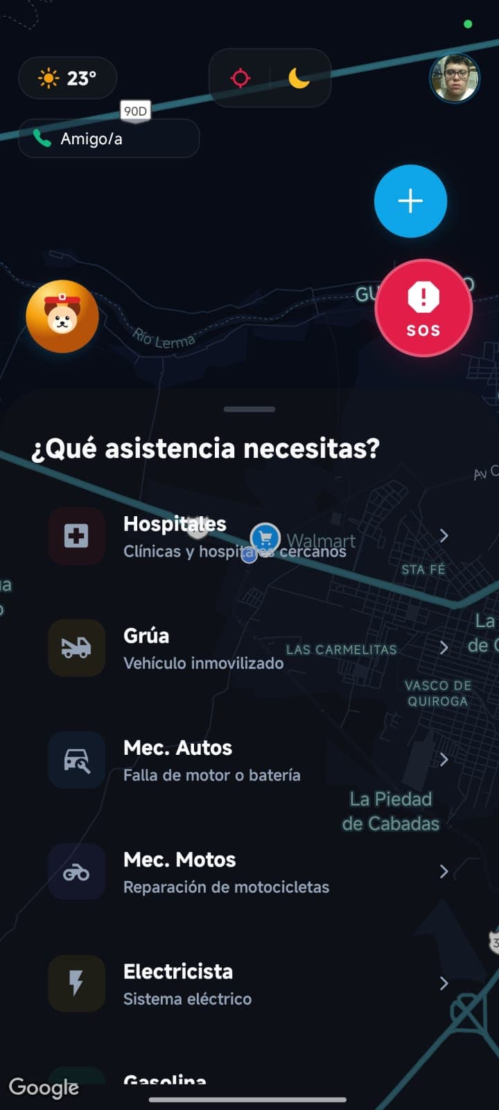 Lista de servicios cercanos con hospitales, grúa, mecánicos
