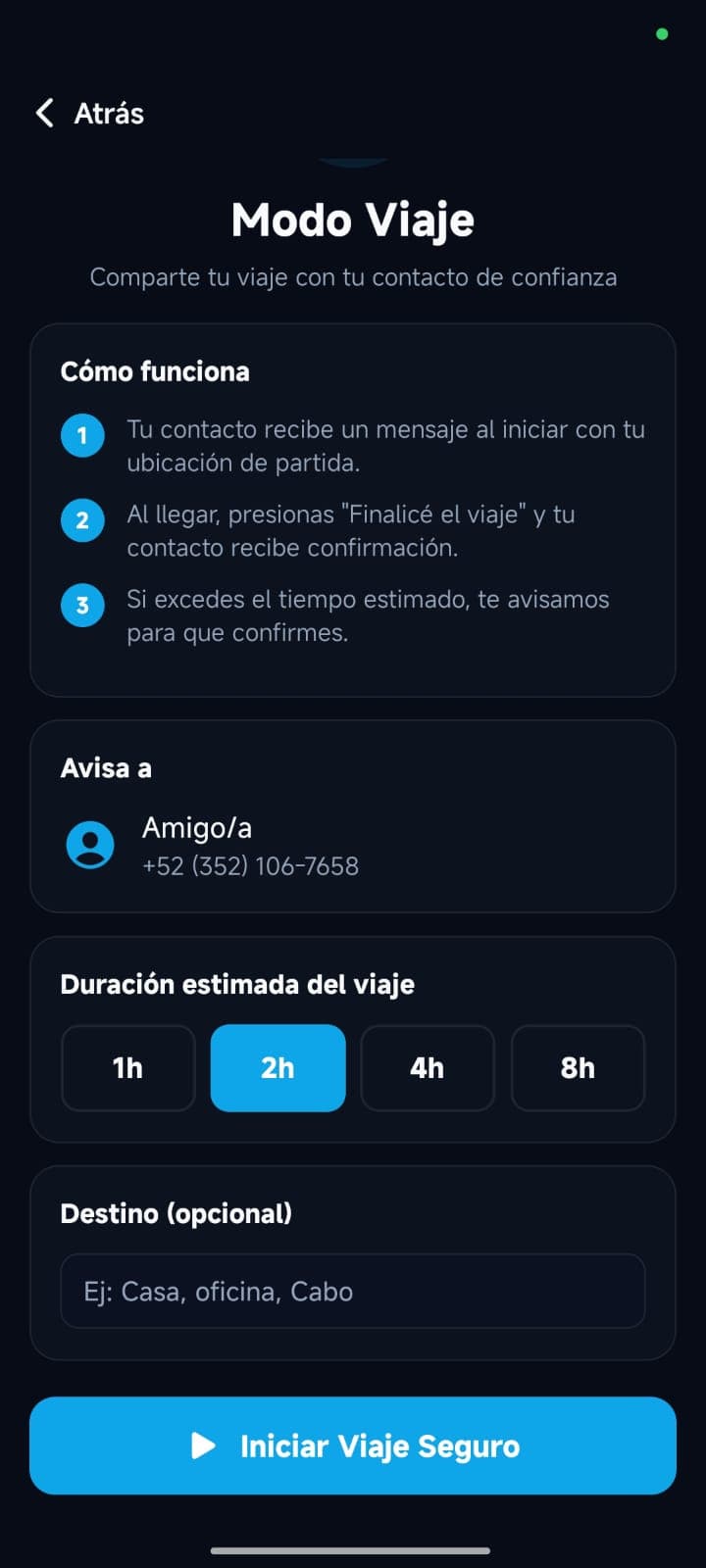 Modo viaje con compartir ubicación a contacto de confianza